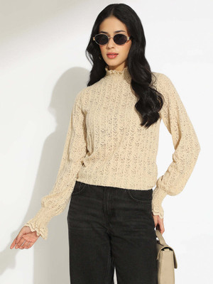 SHOWOFFFF Casual Self Design Women Beige Top