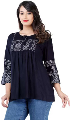 Rozy styles Casual Embroidered Women Black Top