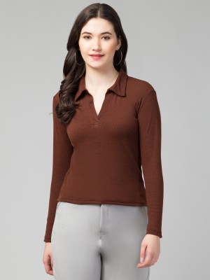 Alveen Empire Casual Solid Women Brown Top