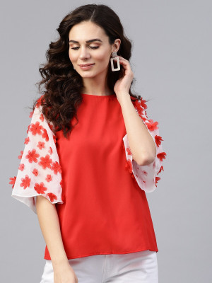 ZIMA LETO Casual 3/4 Sleeve Solid Women Red Top