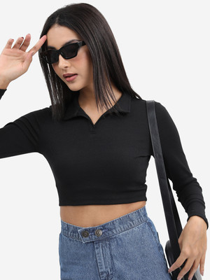 Tokyo Talkies Casual Self Design Women Black Top