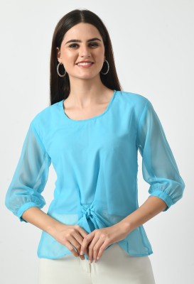 VESFRITA Party Solid Women Light Blue Top