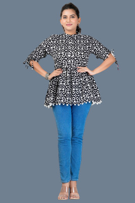 FashneAttire Casual Printed Women Black, White Top