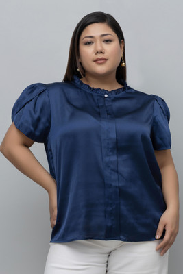 PURYS Casual Solid Women Dark Blue Top