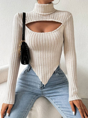 OUTZIDR Casual Self Design Women Beige Top