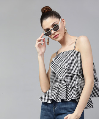 STREET9 Casual Shoulder Strap Checkered Women Black Top