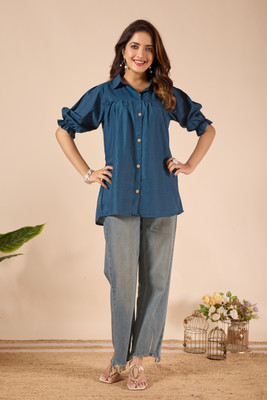 Looootnest Casual Solid Women Dark Blue Top