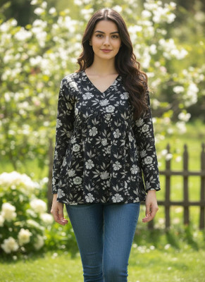 Desi Beats Casual Floral Print Women Black Top