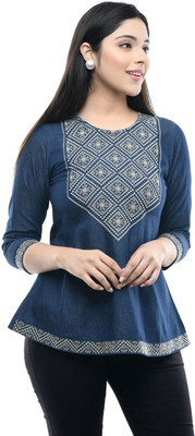 Maahi Casual 3/4 Sleeve Embroidered Women Dark Blue Top
