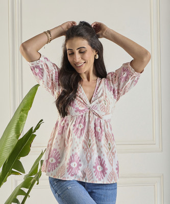 WineRed Casual Geometric Print Women White, Purple Top