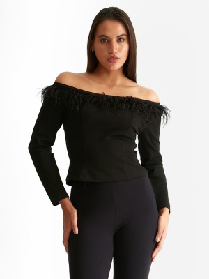 Cover Story Casual Solid Women Black Top