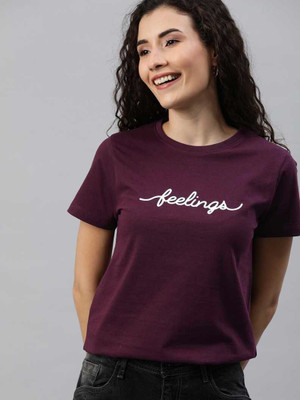 Patche Typography Women Round Neck Maroon T-Shirt