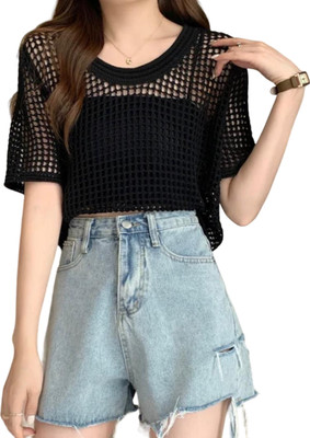 mystify Casual Solid Women Black Top