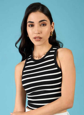 FAST CRY Casual Striped Women Black Top