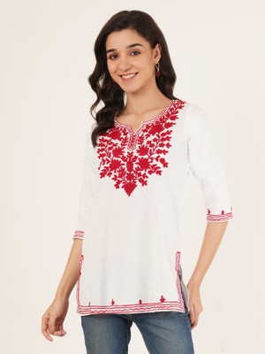 Miss Peach Casual Embroidered Women White Top