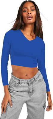 THE BLAZZE Casual Solid Women Dark Blue Top