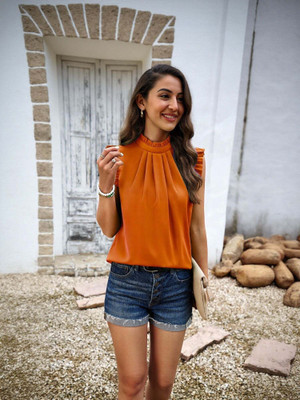 OUTZIDR Casual Solid Women Orange Top