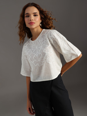 LIMEROAD Casual Self Design, Embroidered Women Beige Top