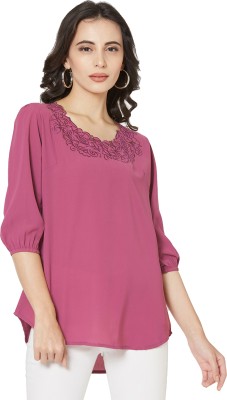 GO.4.IT Casual 3/4 Sleeve Embroidered Women Pink Top