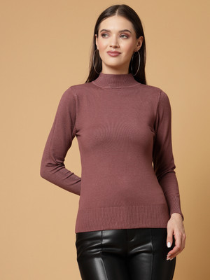 Mafadeny Self Design High Neck Casual Women Brown Sweater
