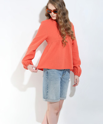 VERO MODA Casual Solid Women Orange Top