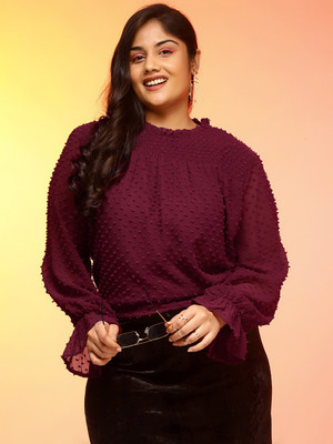 CURVE BY KASSUALLY Casual Solid Women Maroon Top