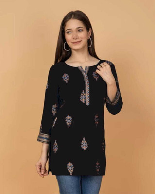 HINGLAJRAJ Women Block Print Straight Kurta(Black)