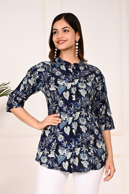 HOC's Casual Floral Print Women Dark Blue, Light Blue, White Top