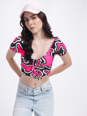 Glitchez Casual Printed Women Pink Top