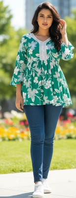 chil tex Casual Floral Print, Printed Women Green, White Top