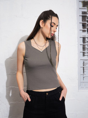 SASSAFRAS Casual Self Design Women Grey Top