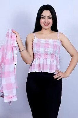 Fabhaat Casual Checkered, Printed Women Pink, White Top