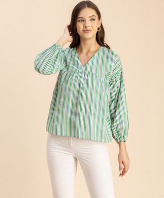 moomaya Casual Striped Women Light Green, White, Blue Top