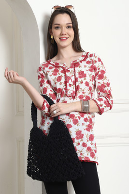 Rajnandini Casual Printed Women White, Pink Top