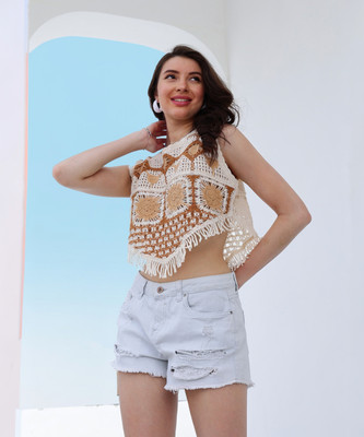 Boho By Athena Casual Self Design Women Brown Top