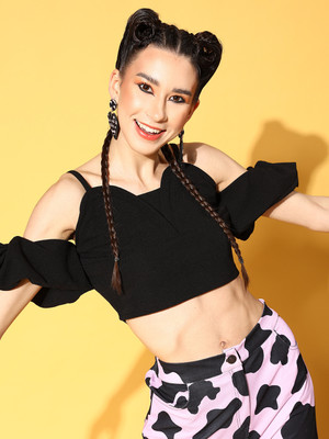 ATHENA Casual Solid Women Black Top
