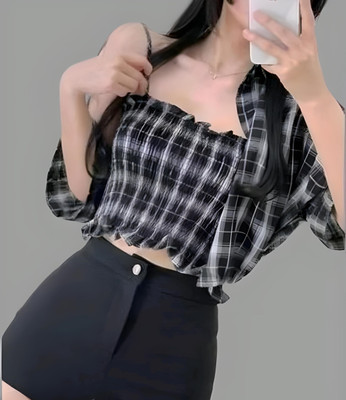 AKSHA CREATION Casual Checkered Women Black, Grey, White Top