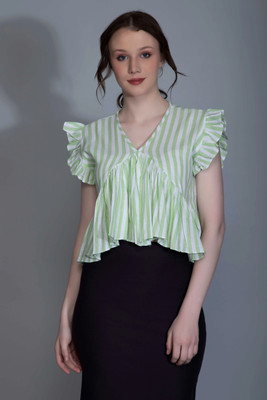 Leriya Fashion Casual Striped Women Green Top