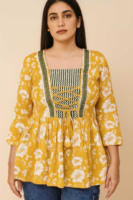 shree radha Casual Floral Print, Geometric Print, Printed Women Yellow, Green Top