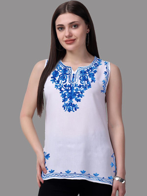 AMODERNFASHION Casual Embroidered Women Dark Blue Top