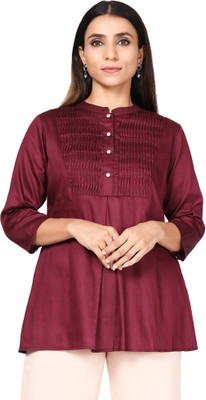 HouseOfCommon Casual Solid, Self Design Women Maroon Top