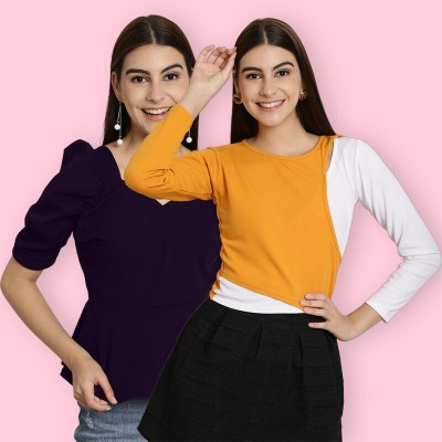 Tromko Casual Solid Women Purple, Yellow Top