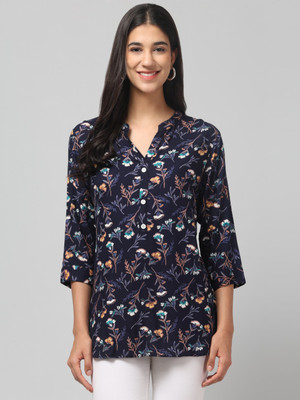TrendieCreation Casual Floral Print Women Dark Blue Top