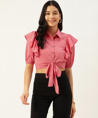 SLENOR Casual Solid Women Pink Top