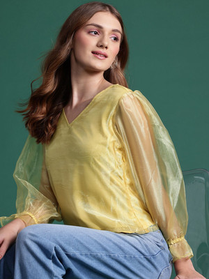 Dressberry Party Solid Women Yellow Top