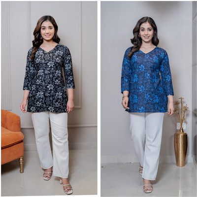 I N ENTERPRISES Casual Floral Print Women Black, Blue Top