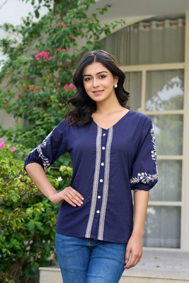 MS Ghumman Casual Embroidered Women Blue Top