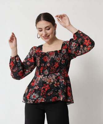 TREND ARREST Casual Floral Print Women Black Top