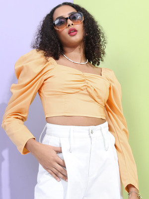 Tokyo Talkies Casual Solid Women Yellow Top