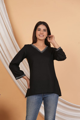LABANIYA Casual Embroidered Women Black Top